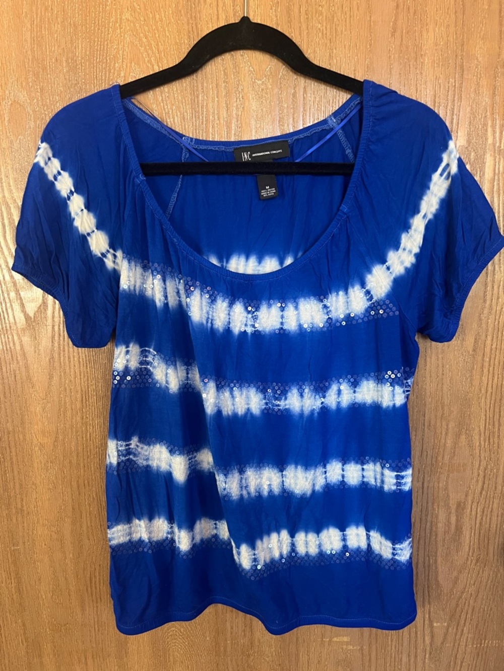 INC International Concepts Royal Blue and White Tie-Dye Scoop Neck Tee